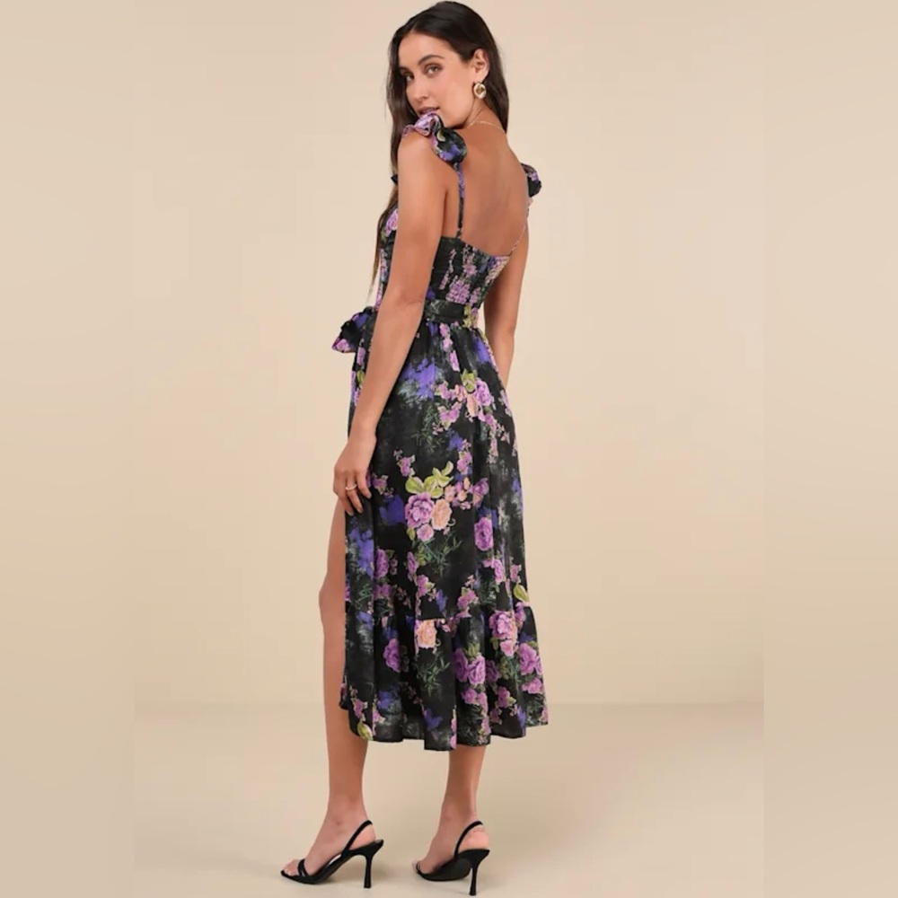 Lulu's Black and Purple Floral Midi Dress - Picture 2 of 4